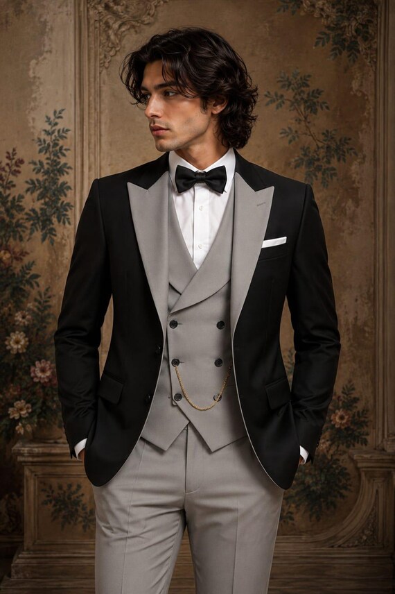 Men’s Black Tuxedo with Silver Double-Breasted Vest and Peak Lapel – Luxury Wedding & Formal Suit