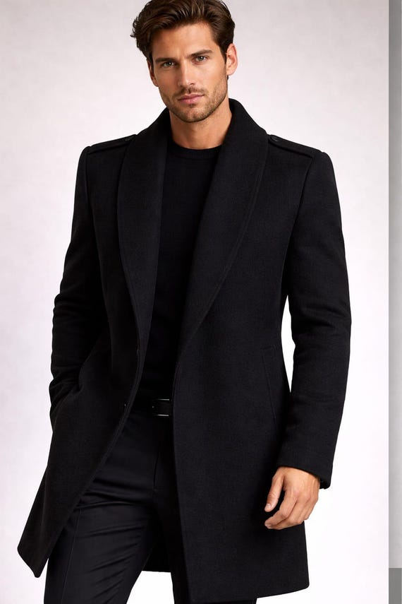 Men's Black Wool Overcoat, Tailored Winter Trench Coat, Minimalist Menswear