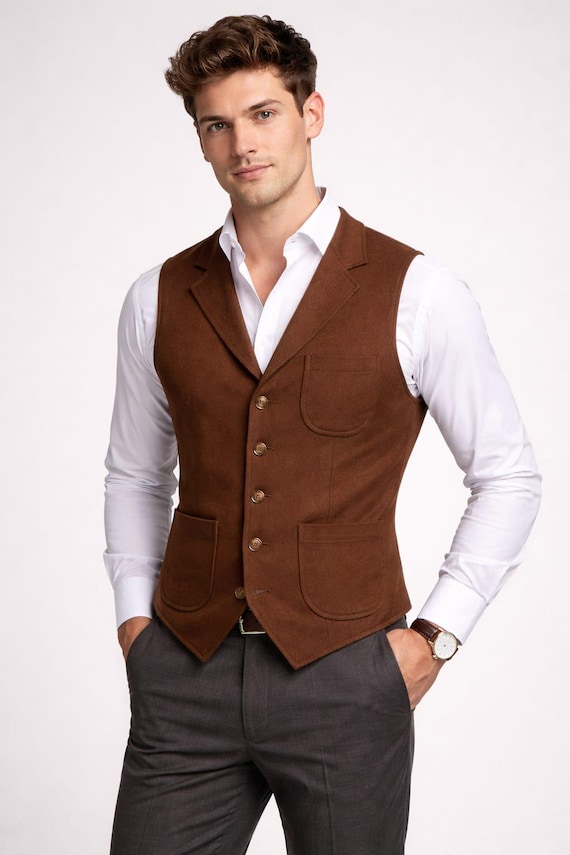 Brown Wool Waistcoat Vest – Slim Fit Vintage Style Tweed Formal Wedding Suit