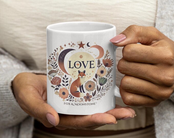 Featured listing image: Cozy Boho Love | Fox & Moonstone | Whimsical Celestial Coffee Mug Gift | Earthy Tones Mug | Spiritual Tea Cup | Ceramic Mug(11oz, 15oz)