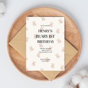 Modello di invito per il primo compleanno dell'orsacchiotto - Primo compleanno dell'orsacchiotto, MODIFICABILE, Download immediato, Invito minimo,