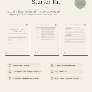 Op de afbeelding: E-commerce Admin Starter Kit digitale download met een 14-pagina PDF-gids en bewerkbare trackerbestanden. Bevat een klantresponsbank, productvermeldingsplanner, FAQ-bank en uitgebreide trackerwerkmappen voor kleine online winkels.