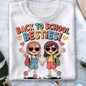 Niedliche Freundinnen Clipart, Erster Schultag Shirt Design, Cartoon Kinder Sublimation, BFF Schulanfang Kunst