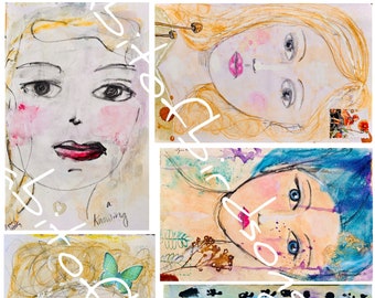 May include: A collage of four watercolor paintings featuring stylized portraits of women with different expressions and hair styles. The paintings are on a white background with some text and a copyright symbol.