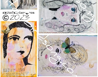 May include: Four digital art pieces featuring abstract faces with black outlines and colorful backgrounds. The faces are drawn in a whimsical style with swirls and lines around them. The text "Enjoy the Journey" is at the bottom of one of the images.