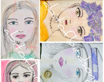 May include: A collage of four watercolor paintings featuring portraits of women with blue eyes and pink cheeks. The paintings are framed with a white border and have a whimsical, abstract style. The text "abitofbirdsong.com" is at the bottom of the collage.