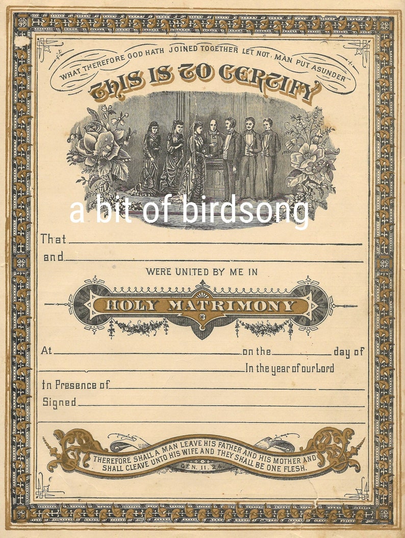 Vintage Marriage Certificate. Early 1900s Marriage Record. Digital