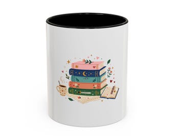 Fantasy Book Stack Mug, Cozy Reader Coffee Cup, Pastel Book Lover Gift