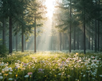 Wildflower Forest Print, Nordic Nature Wall Art, Woodland Sunbeam Download