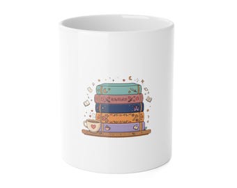 Fantasy Book Stack Mug, Pastel Cozy Reader Coffee Cup, BookTok Gift