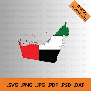 May include: A digital download of a vector graphic of the United Arab Emirates flag in the shape of the country's outline. The flag is red, white, black, and green. The graphic is available in SVG, PNG, JPG, PDF, PSD, and DXF formats.