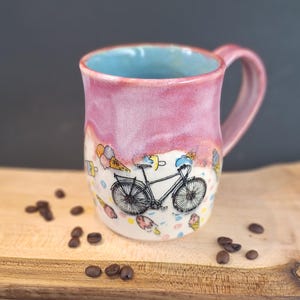 Handmade Summer Mug 16 oz. Sweet Ride Pink Ceramic Coffee Mug with Bicycle Design. Cute Pottery Tea Cup