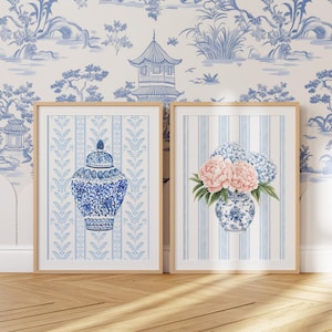 Chinoiserie Wandkunst Grandmillennial Art Ginger Jar Poster Preppy Wohnheim Dekor Blau und Weiß Galleriewand