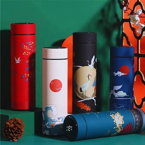 Termo inteligente estilo chino de 500 ml, acero inoxidable 304, pantalla LED de temperatura, termo de viaje para café y té.