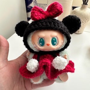 Handmade Minnie Mouse - Inspired Outfit for Labubu | Crocheted Minnie Dress and Ears | Fits Standing or Sitting Labubu | Disney Costume