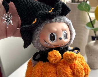 Crochet Witch Pumpkin Costume for Labubu Monster Doll