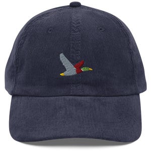 Flying Duck Embroidered Corduroy Hat - Vintage Mallard Cap for Nature Lovers, Hunting Dad Hat, Birdwatcher Gift