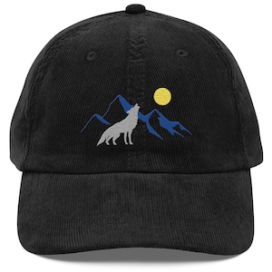 Wolf Mountain Corduroy Hat – Vintage Embroidered Cap, Howling Wolf Dad Hat, Nature Cord Cap, Outdoorsy Unisex Gift