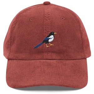 Realistic Magpie Embroidered Corduroy Hat – Vintage Bird Dad Cap, Bird Hat, Nature Lover Gift, Outdoor Cord Cap, Unisex Birdwatching Hat