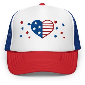 Patriotic Heart Foam Trucker Hat – Embroidered USA Flag Cap, 4th of July Independence Gift, Mesh Back Snapback (8 Colors)