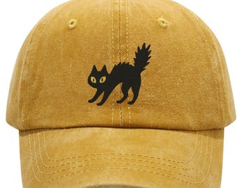 Embroidered Black Cat Hat –  Spooky Cute Gift for Cat Lovers, Halloween Cotton Baseball Cap, Vintage Washed Dad Hat