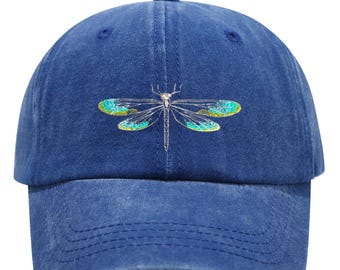 Embroidered Dragonfly Hat – Vintage Washed Cotton Baseball Cap, Nature-Inspired Dad Hat, Unisex Adjustable Gift