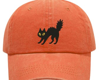 Cute Black Cat Embroidered Hat – Washed Cotton Dad Cap, Witchy Fall Baseball Hat, Spooky Cat Gift for Halloween Lovers