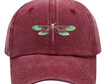 Dragonfly Embroidered Baseball Cap – Washed Cotton Vintage Dad Hat, Boho Nature-Inspired Hat, Unisex Adjustable Gift