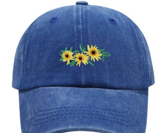 Embroidered Sunflower Hat - Sunflower Baseball Cap Distressed Cotton Dad Hat Multiple Colors Floral Gift for Women