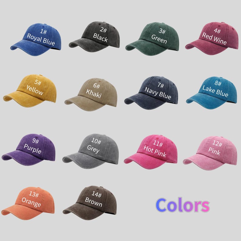 May include: A collection of fourteen baseball caps in various colors, including royal blue, black, green, red wine, yellow, khaki, navy blue, lake blue, purple, grey, hot pink, pink, orange, and brown. Each cap is labeled with a number and color name.