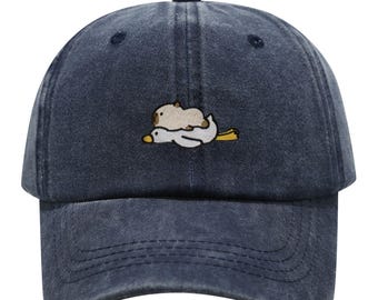 Embroidered Capybara Hat - Cute Capybara on Duck Baseball Cap Distressed Dad Hat Multiple Colors Funny Animal Gift