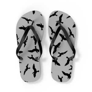Flying Bird Flip Flops for Women and Men, Grey Minimalist Sandals, Nature-Inspired Beach Shoes, Gift for Bird and Travel Lovers