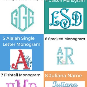 May include: A chart showing 10 different monogram and embroidery font styles. The styles are labeled with numbers and names. Each style is shown with a sample of the font in blue, red, or pink.