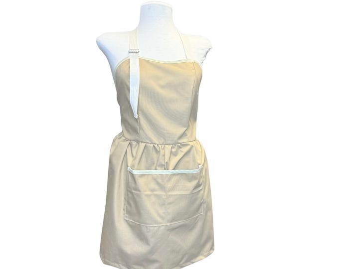 Khaki Fitted Apron, For Women, Straight Style, Made in USA, No-Gap Apron, Gift for Her, Choose Size XS-XXXL, Adjustable, Front Pocket,