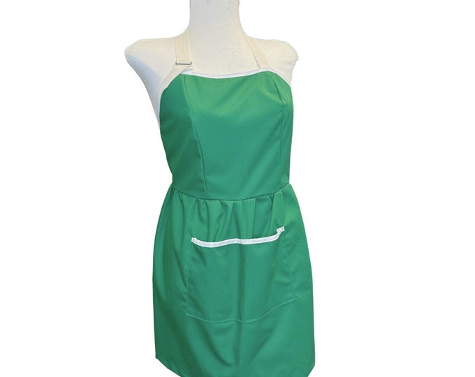 Green Fitted Apron, For Women, Straight Style, Made in USA, No-Gap Apron, Gift for Her, Choose Size XS-XXXL, Adjustable, Front Pocket,