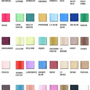 Puede incluir: Una carta de colores con 36 muestras de tela diferentes. Las muestras est&aacute;n dispuestas en filas y columnas, con cada muestra etiquetada con un nombre de color. Los colores incluyen natural, lim&oacute;n, albaricoque, naranja, morado, rojo, rojo oscuro, rosa p&aacute;lido, rosa, verde lima, verde acebo, calabaza, azul claro, azul real, azul oscuro, verde, burdeos, apio, amarillo, aguamarina, verde oto&ntilde;o, caqui claro, gris, topo, melocot&oacute;n, terracota, lavanda, azul vaquero, &oacute;xido, beige claro, beige, moca, marr&oacute;n chocolate, azul aguamarina, salm&oacute;n claro, rosa, rosa oscuro, marr&oacute;n tierra, negro y blanco.