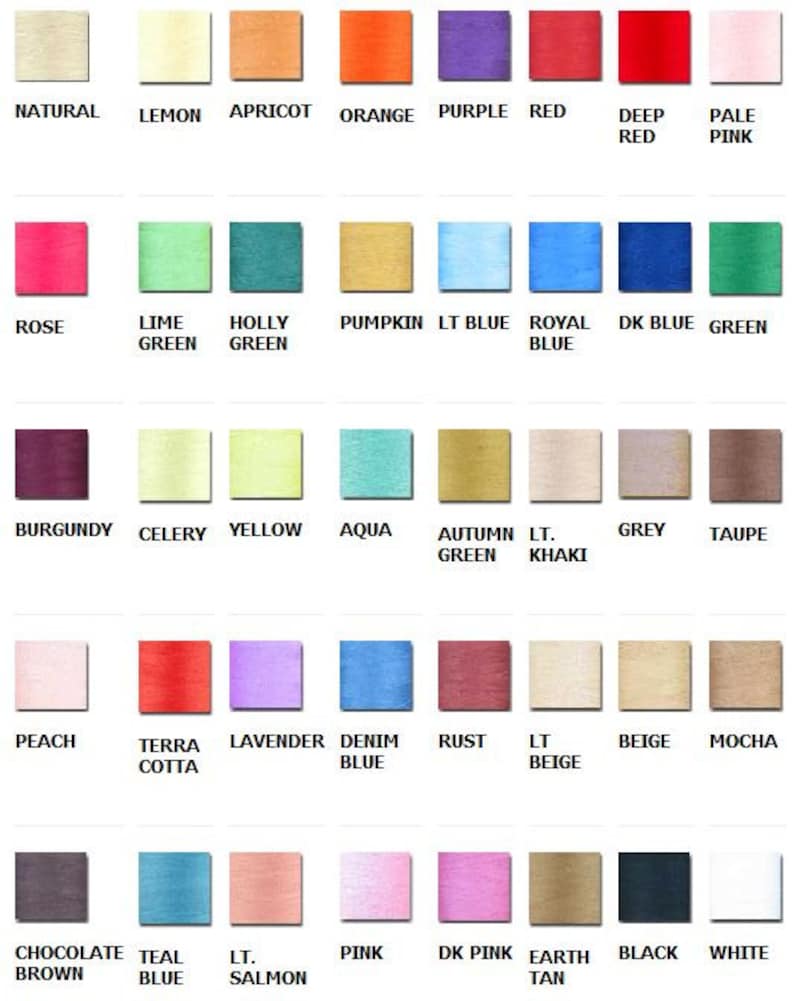 Puede incluir: Una carta de colores con 36 muestras de tela diferentes. Las muestras est&aacute;n dispuestas en filas y columnas, con cada muestra etiquetada con un nombre de color. Los colores incluyen natural, lim&oacute;n, albaricoque, naranja, morado, rojo, rojo oscuro, rosa p&aacute;lido, rosa, verde lima, verde acebo, calabaza, azul claro, azul real, azul oscuro, verde, burdeos, apio, amarillo, aguamarina, verde oto&ntilde;o, caqui claro, gris, topo, melocot&oacute;n, terracota, lavanda, azul vaquero, &oacute;xido, beige claro, beige, moca, marr&oacute;n chocolate, azul aguamarina, salm&oacute;n claro, rosa, rosa oscuro, marr&oacute;n tierra, negro y blanco.