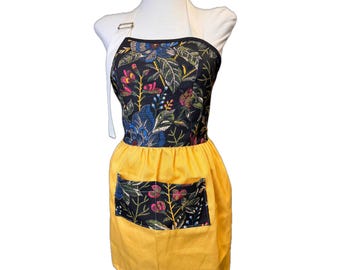 Yellow and Black Floral Fitted Apron, For Women, Straight Style, Made in USA, No-Gap Apron, Choose Size XS-XXXL, Adjustable, Front Pocket,