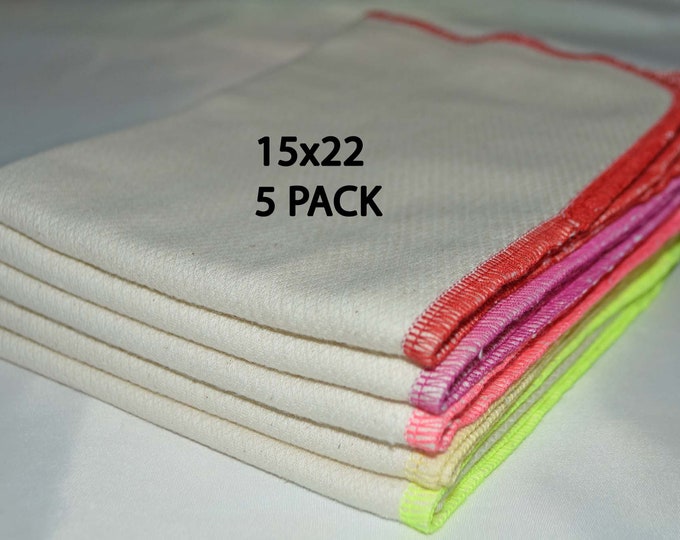 2 PLY, 15x22 PACK OF 5-Organic Cotton Birdseye Large Towels-Sewn with polyester thread....Your Choice of Edging Color
