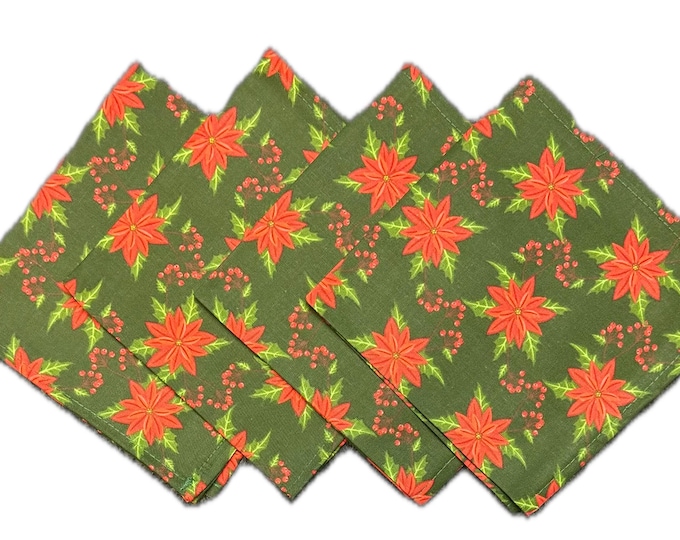 Green and Red Theme Poinsetta Holiday Napkins - Set of 2 or 6 - Perfect for hosting, decorating, and making your home festive