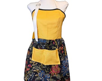 Yellow and Black Floral Fitted Apron, For Women, Straight Style, Made in USA, No-Gap Apron, Choose Size XS-XXXL, Adjustable, Front Pocket