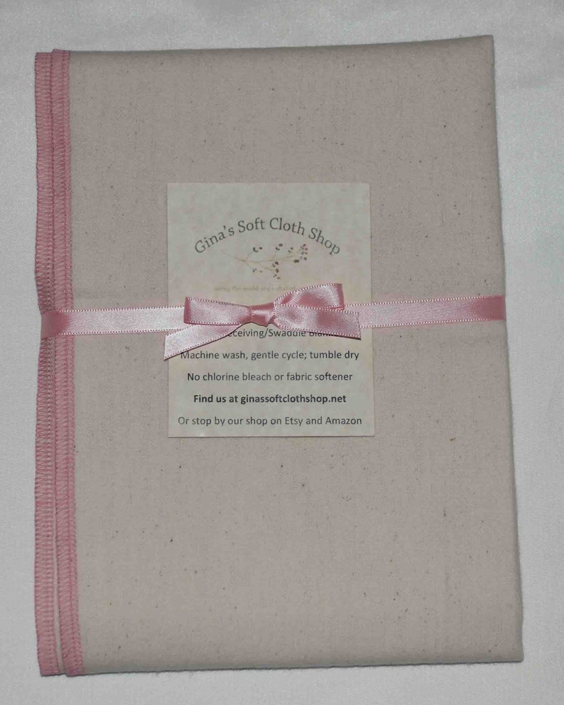 Organic Flannel Receiving or Swaddling Blanket. Sewn with Pink Organic Cotton Thread 28x28 Inches image 2