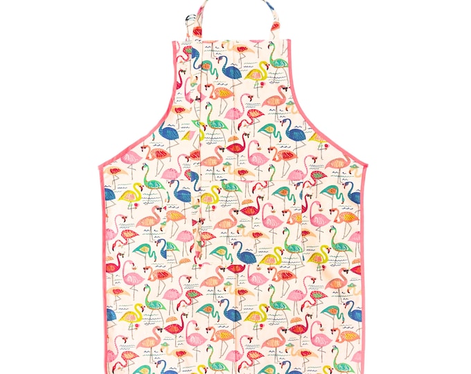 Flamingo Apron, For Women, Straight Style, Made in USA, No-Gap Apron, Gift for Her, Choose Size XS-XXXL, Adjustable, Front Pocket,