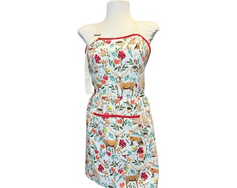 Woodland Animals Fitted Apron, For Women, Straight Style, Made in USA, No-Gap Apron, Choose Size XS-XXXL, Adjustable, Front Pocket