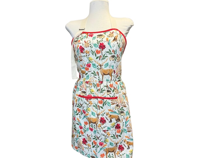 Woodland Animals Fitted Apron, For Women, Straight Style, Made in USA, No-Gap Apron, Choose Size XS-XXXL, Adjustable, Front Pocket