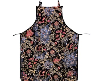 Black Floral Apron, For Women, Straight Style, Made in USA, No-Gap Apron, Gift for Her, Choose Size XS-XXXL, Adjustable, Front Pocket
