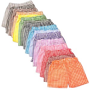 May include: A collection of colorful, checkered shorts in various colors, including gray, black, yellow, green, blue, purple, pink, red, brown, and orange. The shorts are arranged in a diagonal line, showcasing the range of available colors.