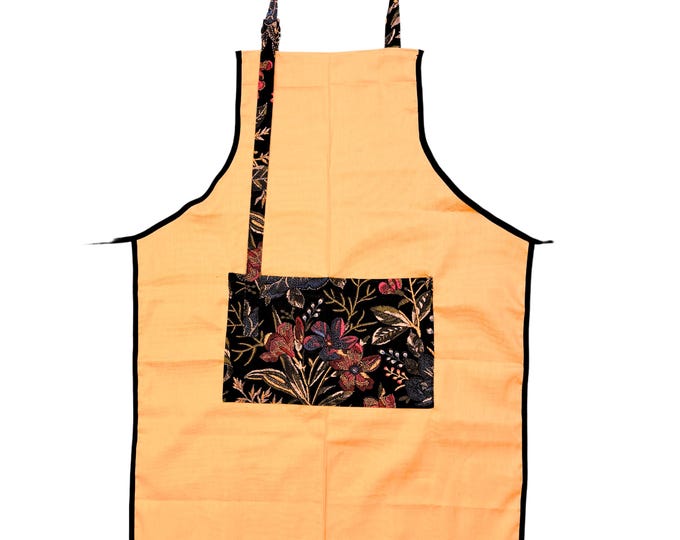 Yellow Apron, For Women, Straight Style, Made in USA, No-Gap Apron, Gift for Her, Choose Size XS-XXXL, Adjustable, Floral Front Pocket