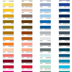 May include: A color chart with 100 different paint colors, each color is labeled with a name and a number. The colors are arranged in rows and columns, and the chart is printed on a white background.