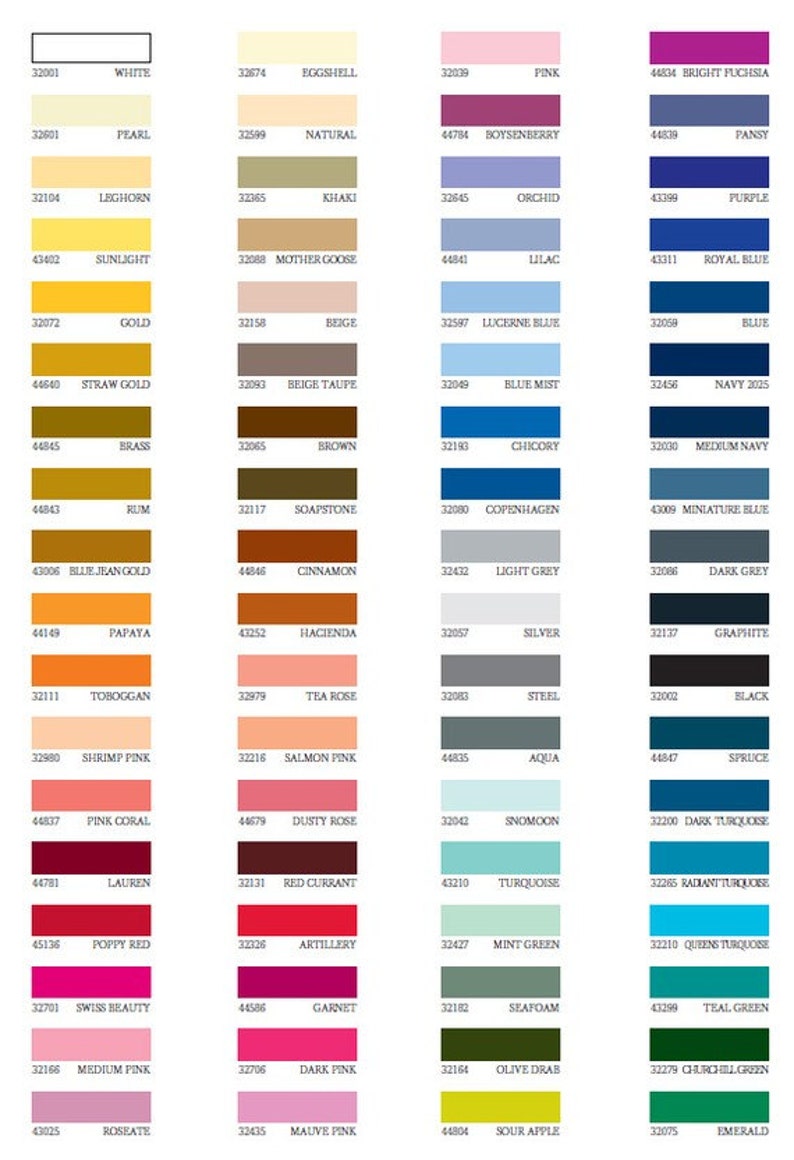 May include: A color chart with 100 different paint colors, each color is labeled with a name and a number. The colors are arranged in rows and columns, and the chart is printed on a white background.